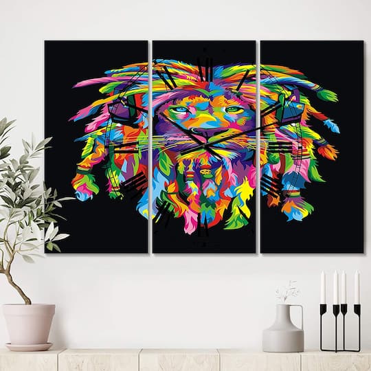 Designart Lion Rasta Oversized Modern 3 Panel Wall Clock